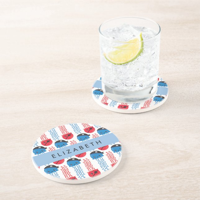 Pirate Jellyfish, Jellyfish Pattern, Your Name Coaster (Side)