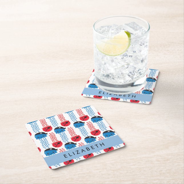 Pirate Jellyfish, Jellyfish Pattern, Your Name Square Paper Coaster (Insitu)