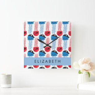 Pirate Jellyfish, Jellyfish Pattern, Your Name Square Wall Clock