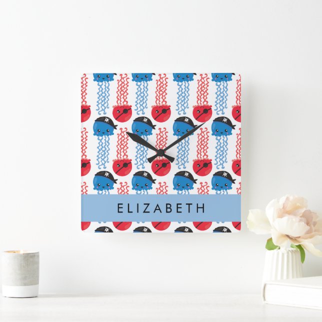 Pirate Jellyfish, Jellyfish Pattern, Your Name Square Wall Clock (Home)