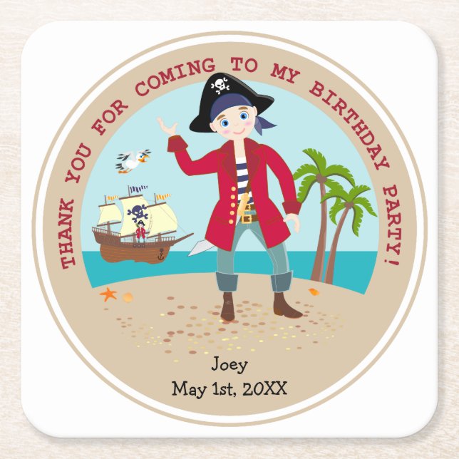 Pirate kid birthday party square paper coaster (Front)