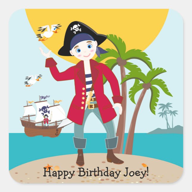 Pirate kid birthday party square sticker (Front)