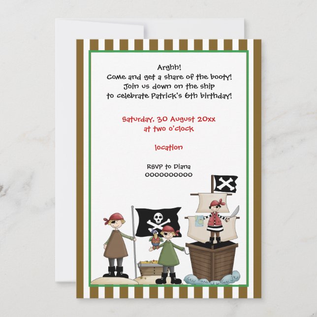 Pirate kids birthday party invitation-brown border invitation (Front)