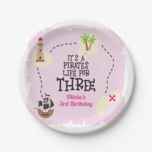Pirate life for THREE me Pink Birthday Paper Plate