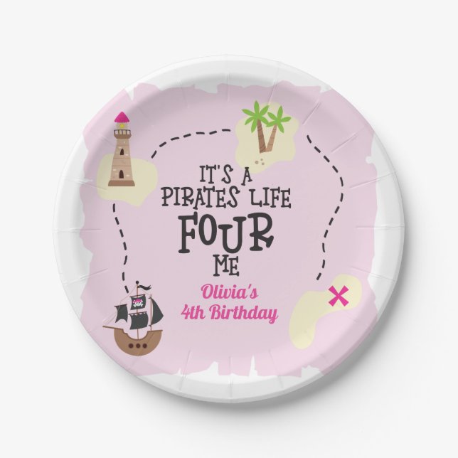 Pirate life FOUR me Pink Birthday Paper Plate (Front)