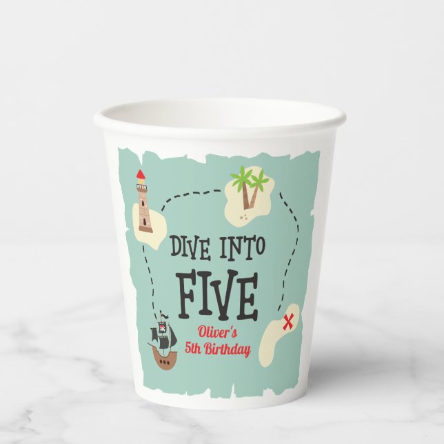 Pirate Map Dive into Five 5th Birthday Paper Cups (Front)