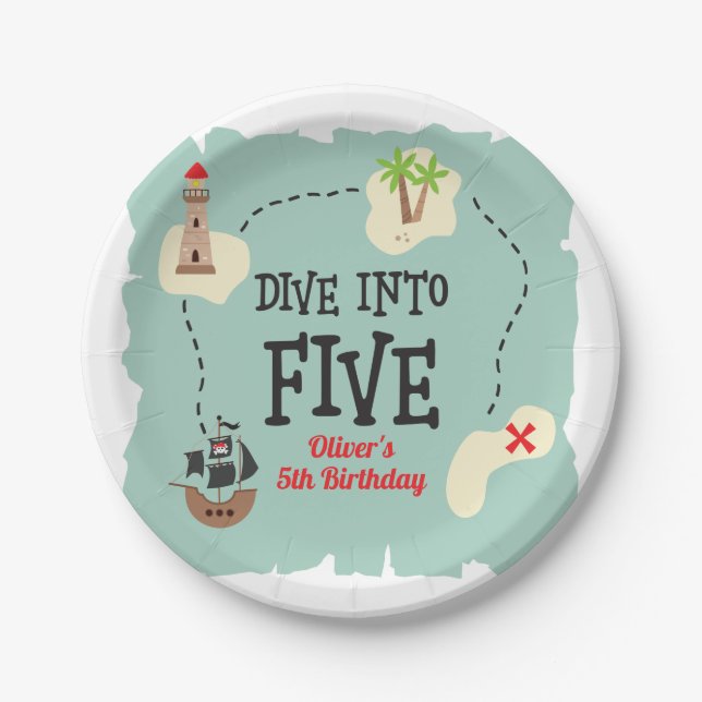 Pirate Map Dive into Five 5th Birthday Paper Plate (Front)