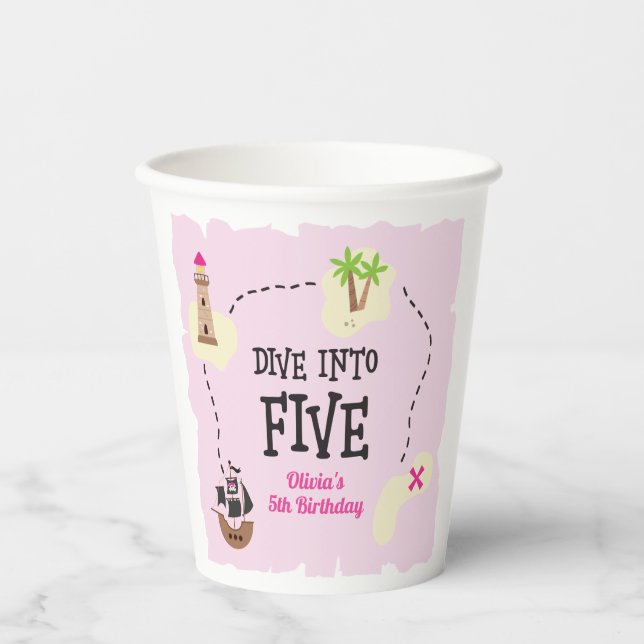 Pirate Map dive into five Pink 5th Birthday Paper Cups (Front)