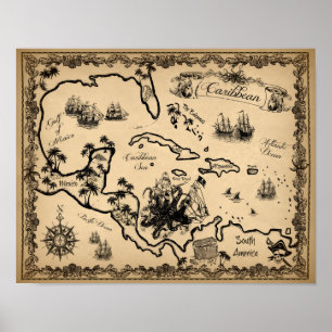 Pirate Map of the Caribbean with Kraken Poster