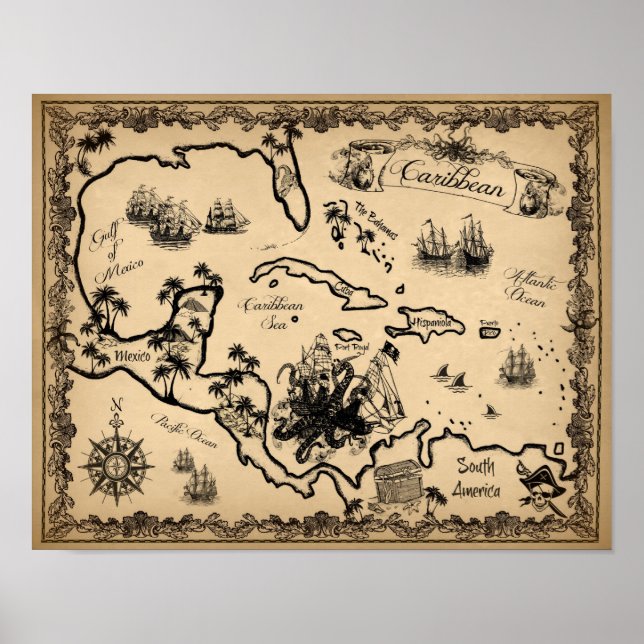 Pirate Map of the Caribbean with Kraken Poster (Front)