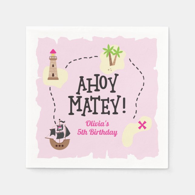 Pirate Map Pink Birthday Napkin (Front)