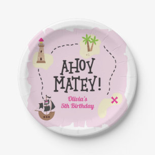 Pirate Map Pink Birthday Paper Plate