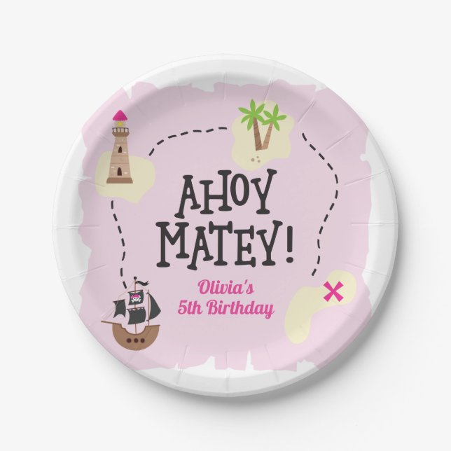 Pirate Map Pink Birthday Paper Plate (Front)