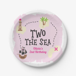 Pirate Map Two the Sea Pink Birthday Paper Plate