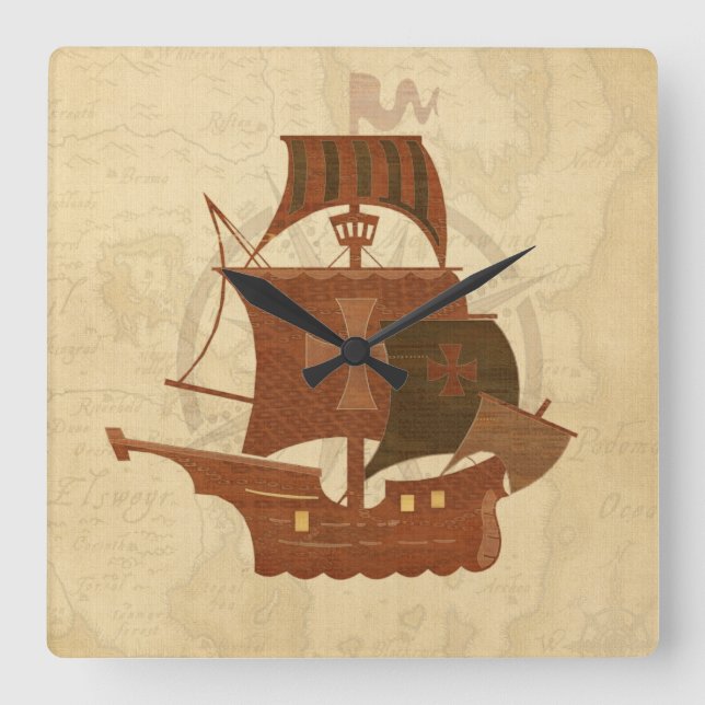 Pirate Mystery Ship Square Wall Clock (Front)