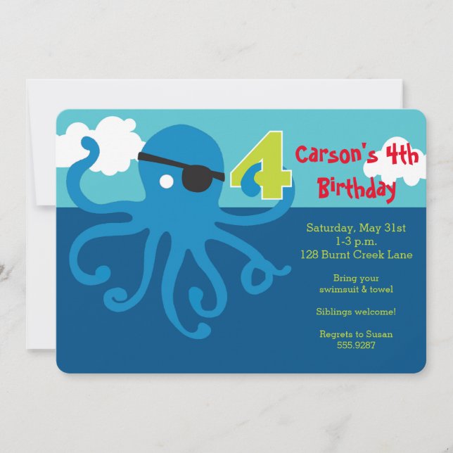 Pirate Octopus 4th Birthday Swim Party Invite (Front)