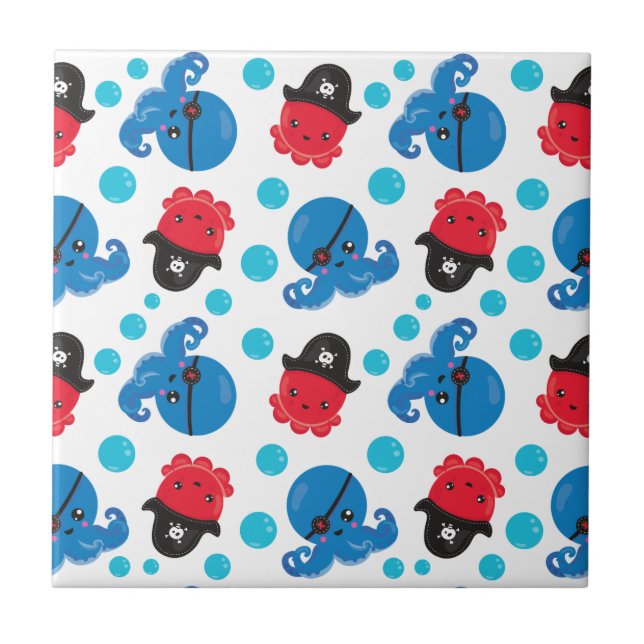 Pirate Octopus, Octopus Pattern, Sea Animals Ceramic Tile (Front)