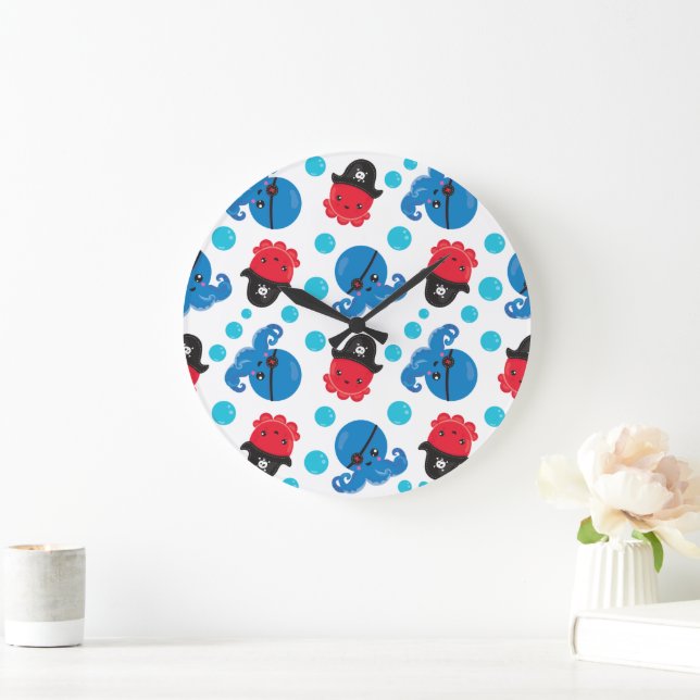 Pirate Octopus, Octopus Pattern, Sea Animals Large Clock (Home)