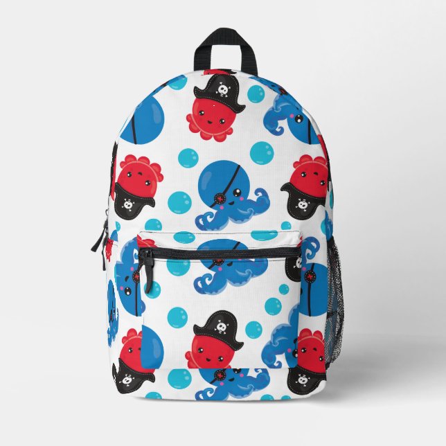 Pirate Octopus, Octopus Pattern, Sea Animals Printed Backpack (Front)