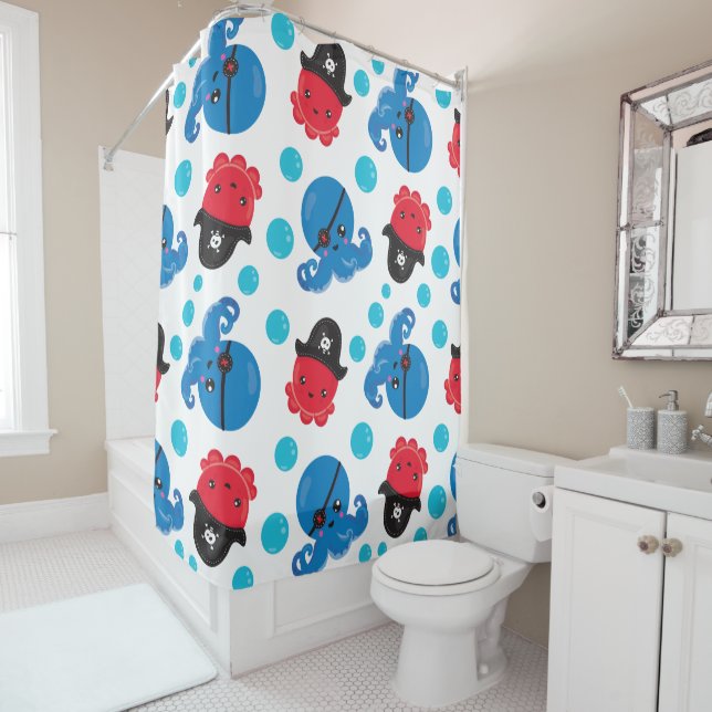 Pirate Octopus, Octopus Pattern, Sea Animals Shower Curtain (In Situ)