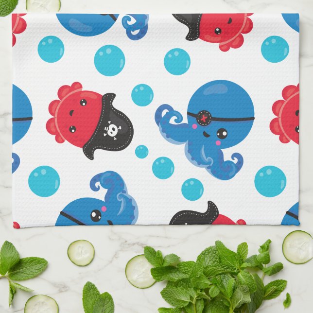 Pirate Octopus, Octopus Pattern, Sea Animals Tea Towel (Folded)