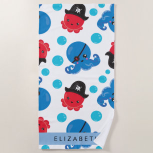 Pirate Octopus, Octopus Pattern, Sea, Your Name Beach Towel