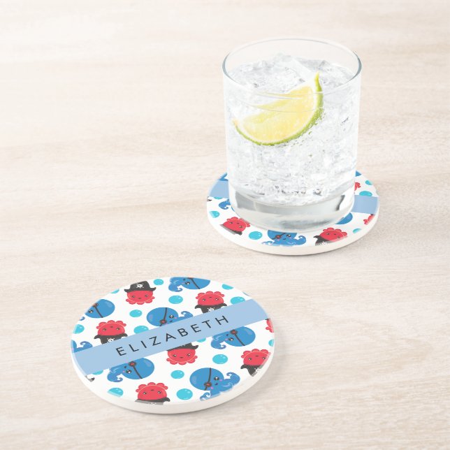 Pirate Octopus, Octopus Pattern, Sea, Your Name Coaster (Side)
