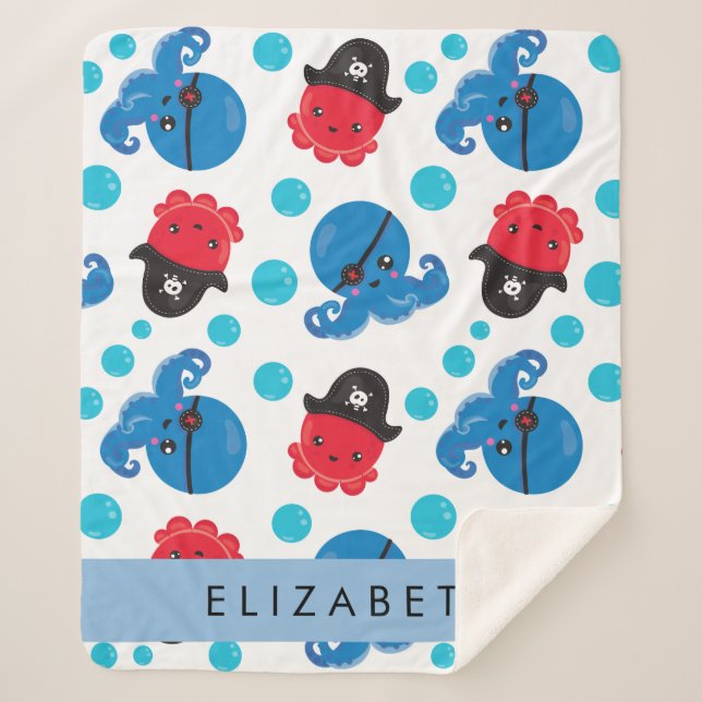 Pirate Octopus, Octopus Pattern, Sea, Your Name Sherpa Blanket (Front)