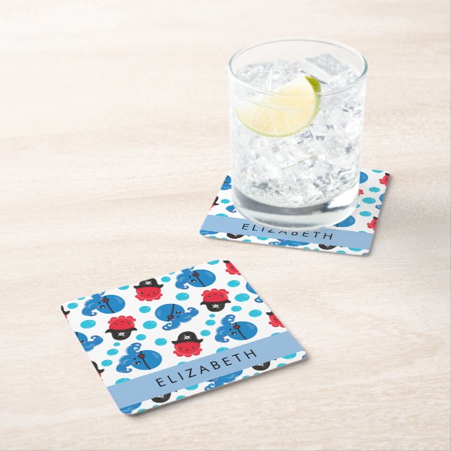 Pirate Octopus, Octopus Pattern, Sea, Your Name Square Paper Coaster (Insitu)