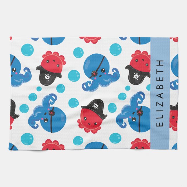 Pirate Octopus, Octopus Pattern, Sea, Your Name Tea Towel (Horizontal)