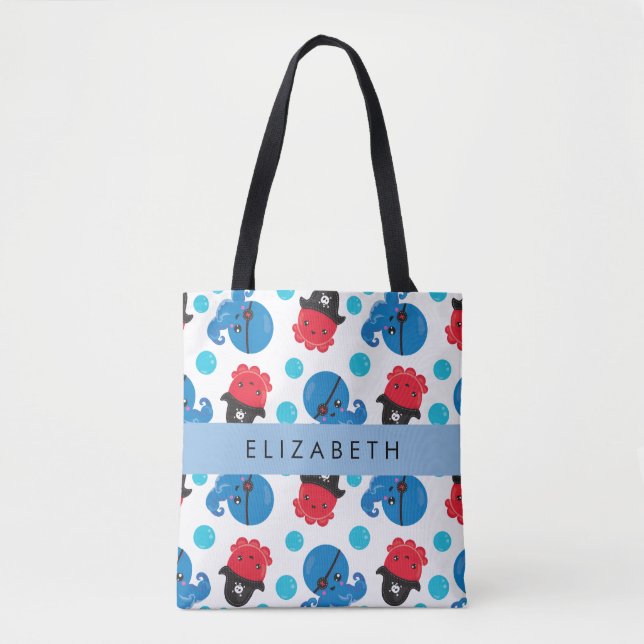 Pirate Octopus, Octopus Pattern, Sea, Your Name Tote Bag (Front)