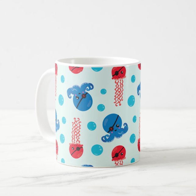 Pirate Octopus, Pirate Jellyfish, Sea Animals Coffee Mug (Front Left)
