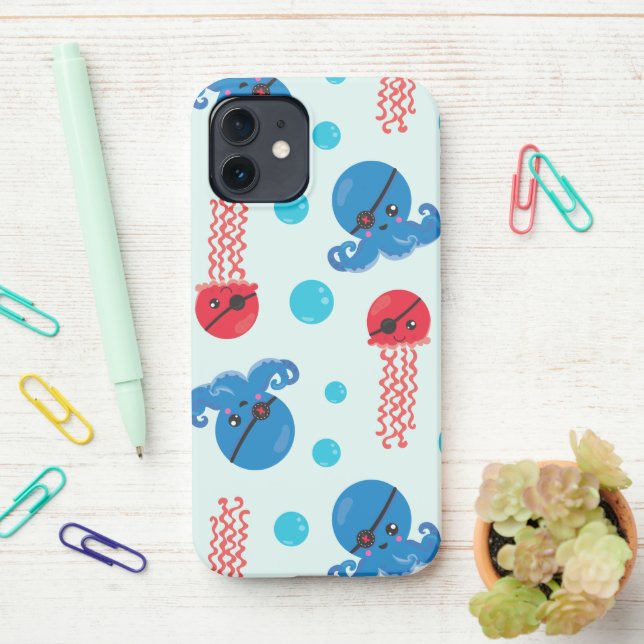 Pirate Octopus, Pirate Jellyfish, Sea Animals iPhone Case (On Desk)