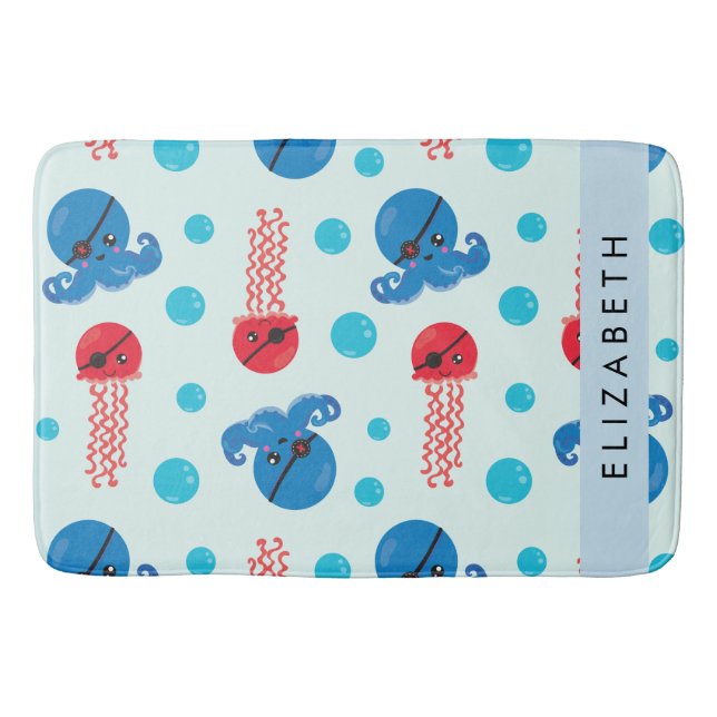 Pirate Octopus, Pirate Jellyfish, Sea, Your Name Bath Mat (Front)
