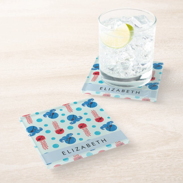 Pirate Octopus, Pirate Jellyfish, Sea, Your Name Glass Coaster (Angled)
