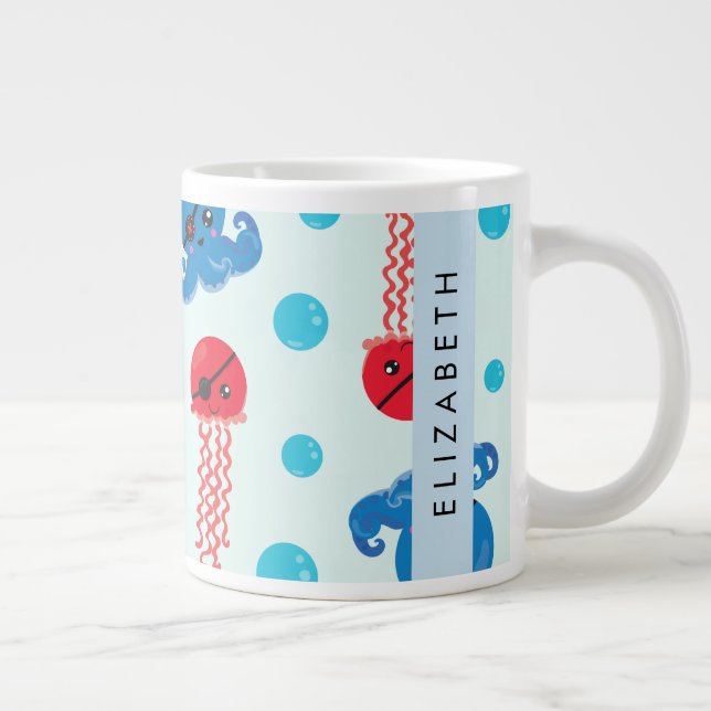 Pirate Octopus, Pirate Jellyfish, Sea, Your Name Large Coffee Mug (Right)