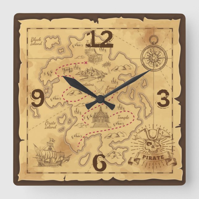 Pirate old map square wall clock (Front)