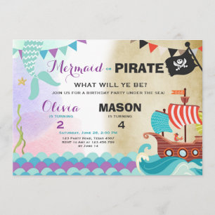 Pirate or Mermaid birthday invitation Siblings