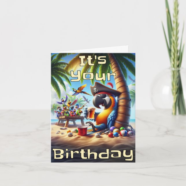 Pirate Parrot Birthday Card – Tropical Fun Vibes (Front)