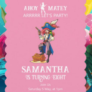 Pirate Party Birthday Pink Girl  Invitation