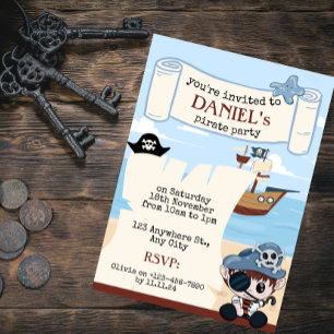 Pirate Party Invitation with Cute Turtle and Ship