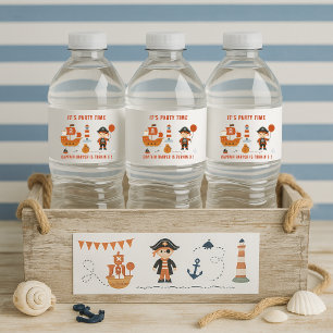 Pirate Party Red Ship & Captain Birthday Water Bottle Label