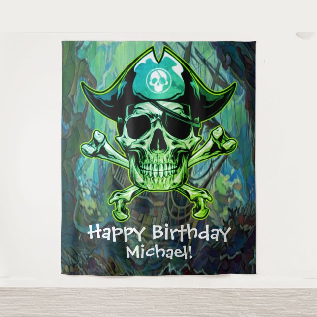  Pirate Party with Our Captain Crossbones backdrop Tapestry (Front)