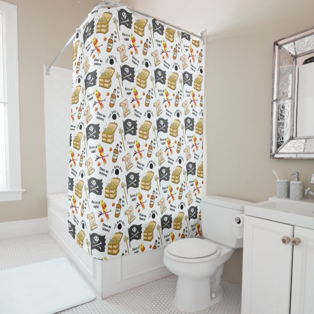 Pirate Pattern Treasure Island Hand-Drawn Shower Curtain (In Situ)