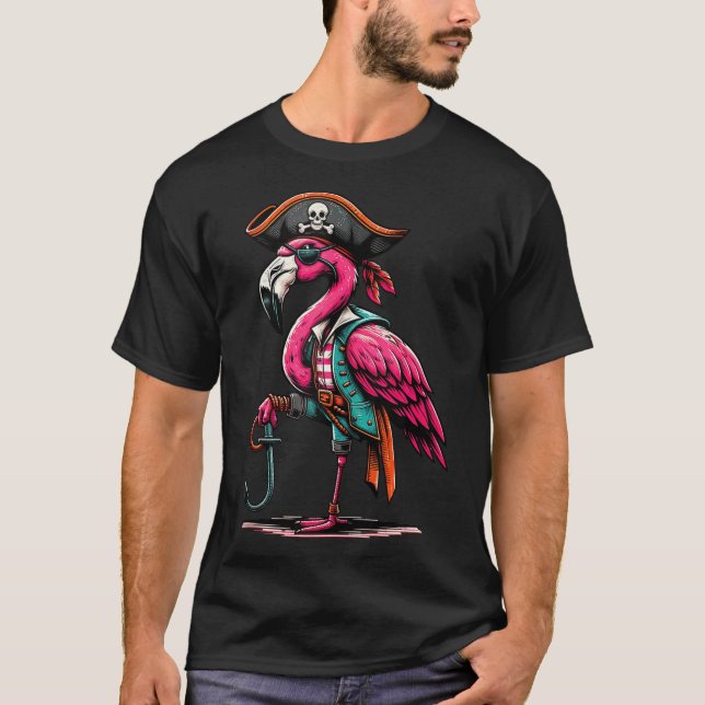 Pirate Pink Flamingo Halloween Party  Jolly Roger  T-Shirt (Front)