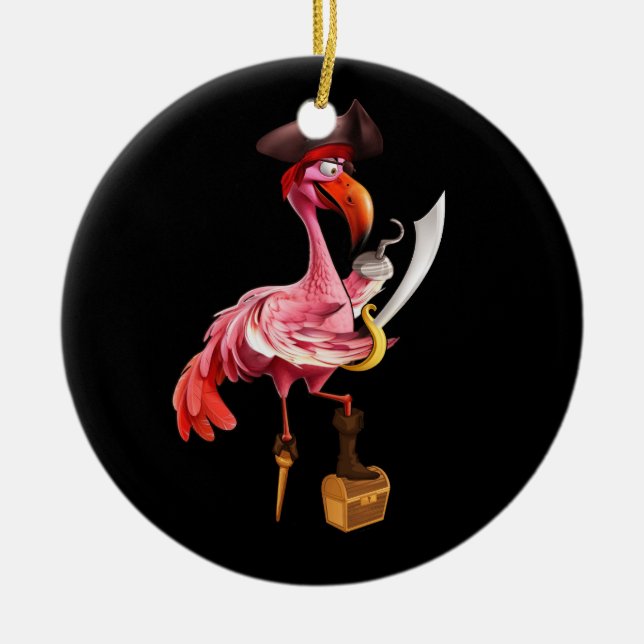 Pirate Pink Flamingo Party Girls Eye Patch Hallowe Ceramic Ornament (Front)