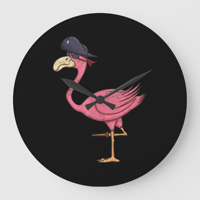 Pirate Pink Flamingo With Eyepatch Halloween Large Clock (Front)