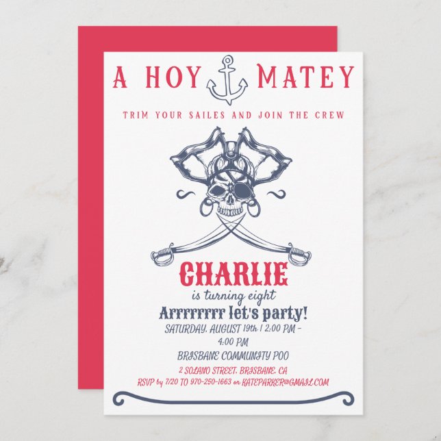 Pirate pink Themed Birthday Party Invitation (Front/Back)