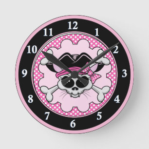 Pirate Princess Kitty Skull Round Clock