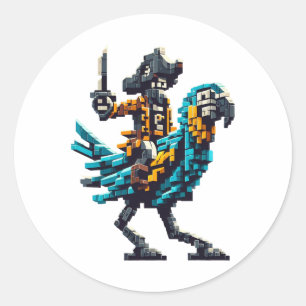 Pirate Riding Parrot Block Style Gaming Gamer Pixe Classic Round Sticker